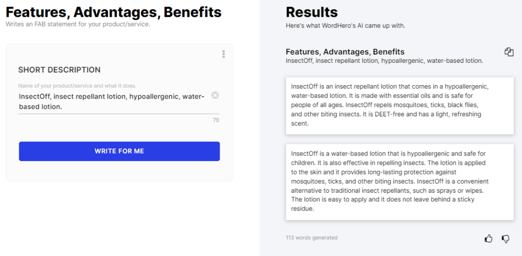 Features Advantages Benefits Wordhero AI writing tool