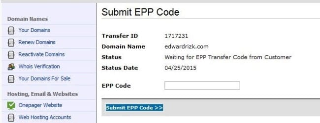 Namecheap - Submit EPP Authorization code