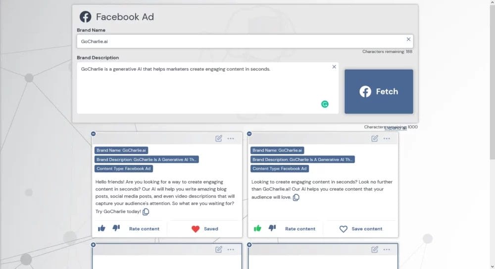 GoCharlie AI Optimized Social media AI Facebook Ads