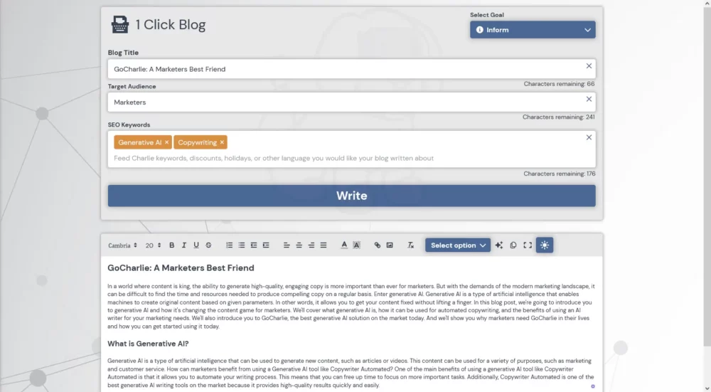 GoCharlie.ai 1 click blog Optimized AI created marketing content