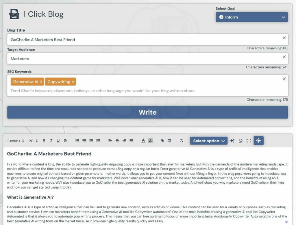 GoCharlie AI One click blog post writer