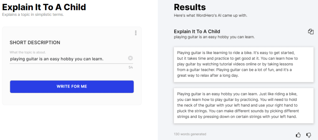 Explain It To A Child Wordhero AI writing tool