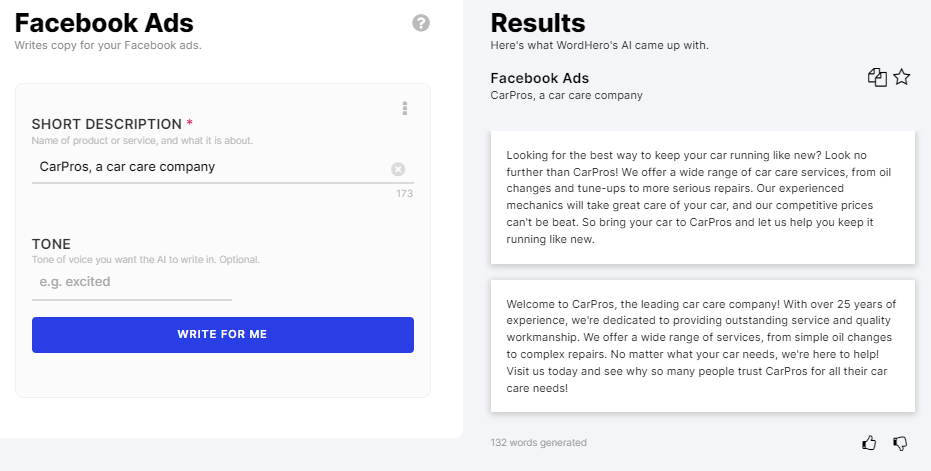 Facebook Ads Wordhero AI writing software tool