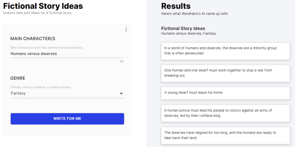 Fictional Story Ideas Wordhero AI tool