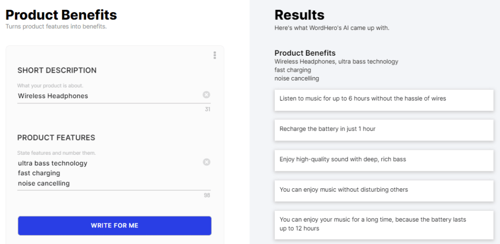 Product benefits Wordhero AI writing tool