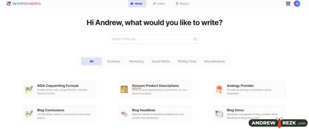 Wordhero Dashboard - AI writing software