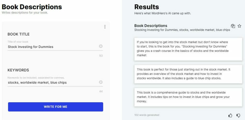 Wordhero ai Book descriptions