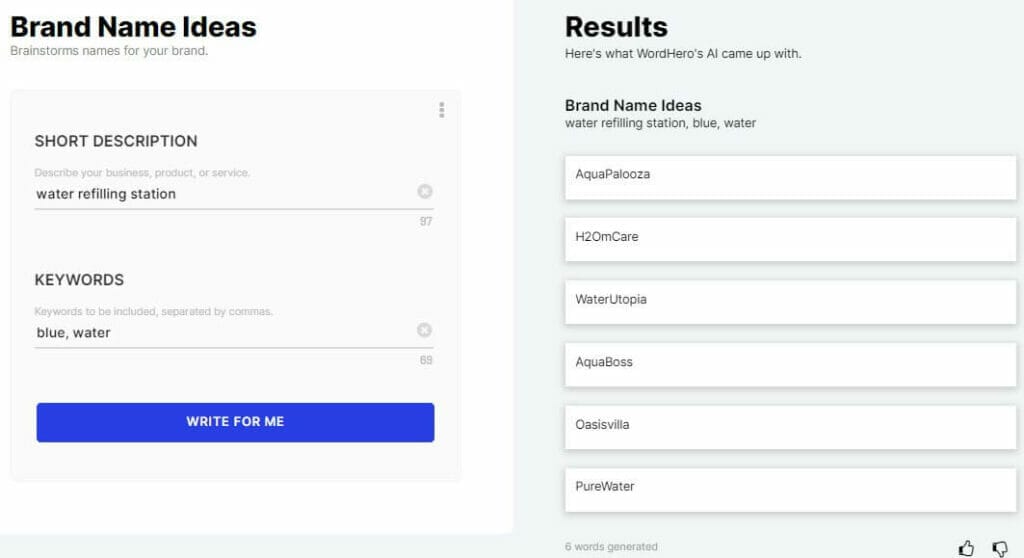 Wordhero ai Brand name ideas
