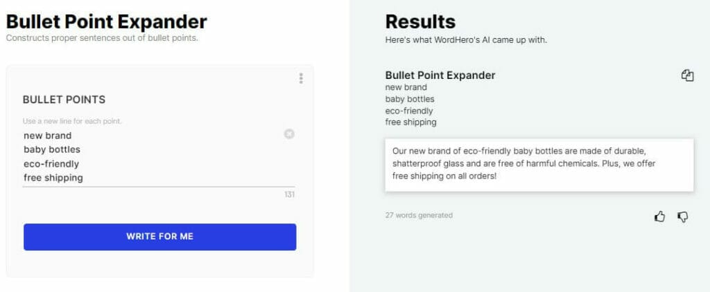 Wordhero ai Bullet point expander