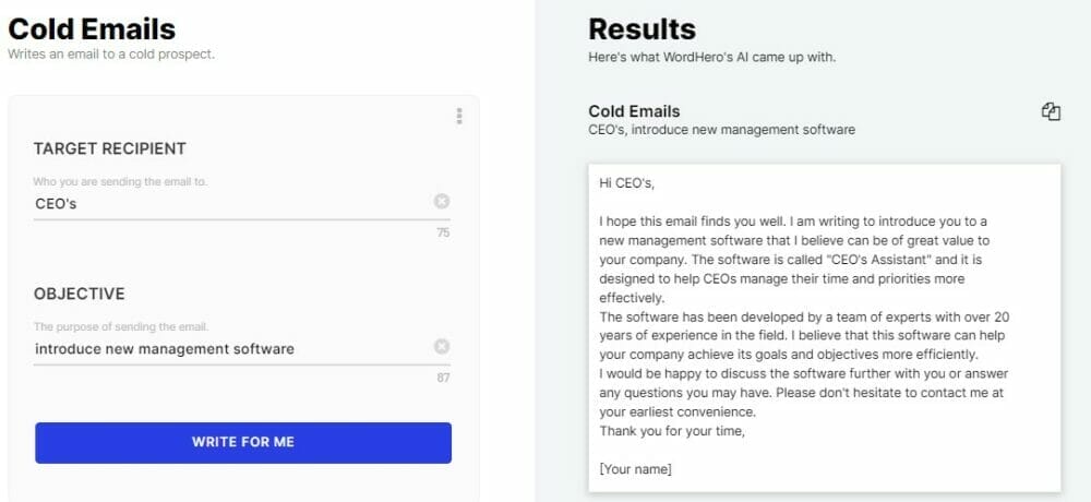 Wordhero ai Cold emails