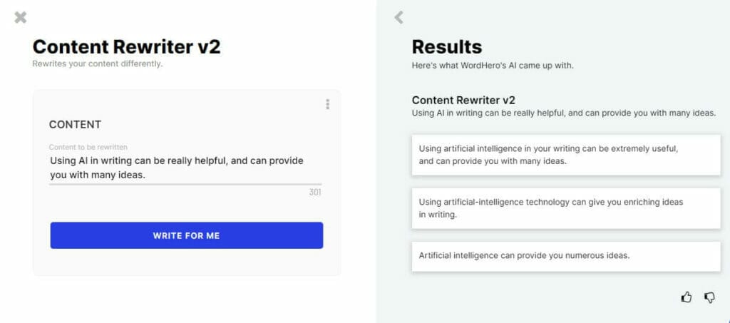 Wordhero ai Content Rewriter v2