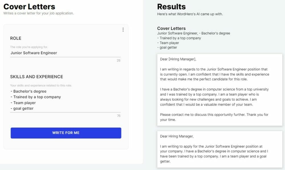 Wordhero ai Cover letter