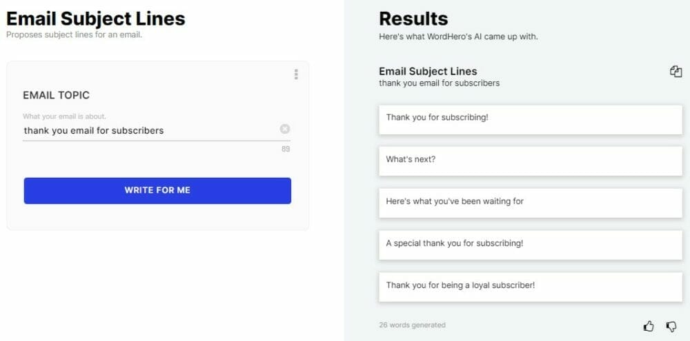 Wordhero ai Email subject lines