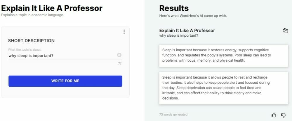 Wordhero ai Explain it like a professor