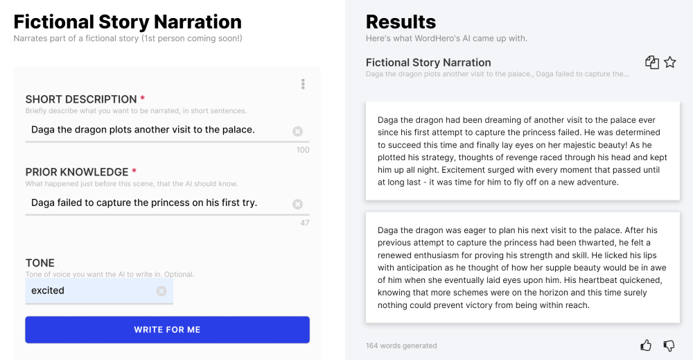 Fictional Story Narration Wordhero AI writing tool