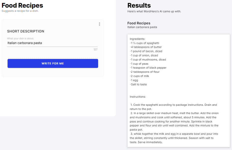 Food Recipes generated with Wordhero AI writing tool