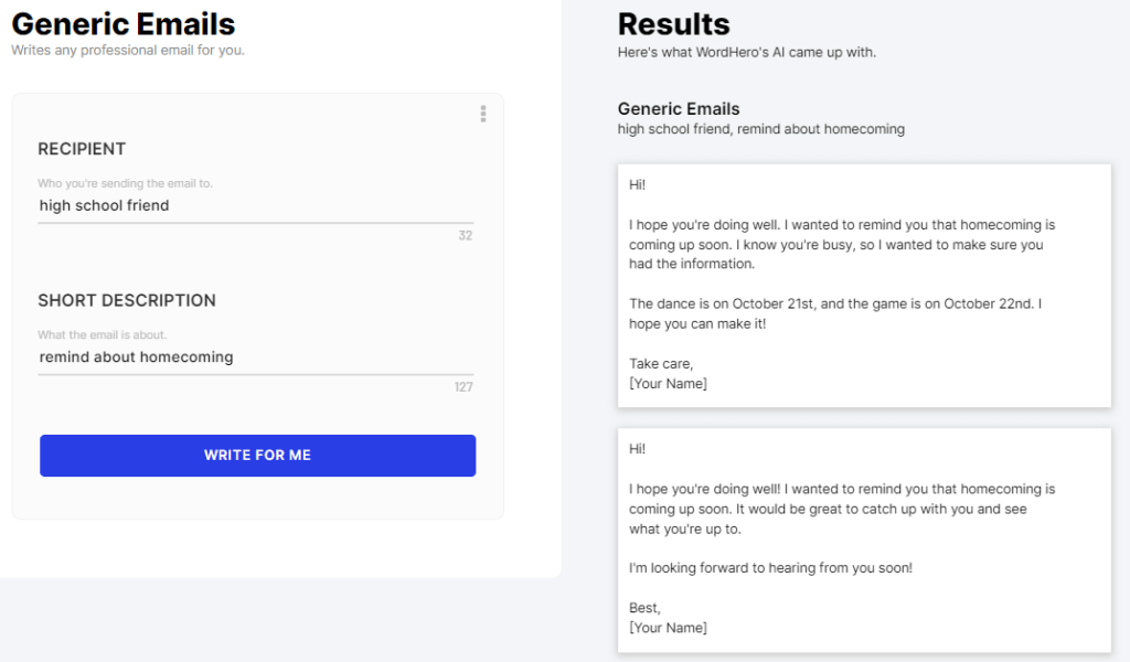 Wordhero AI Write Generic Emails AI writing tool